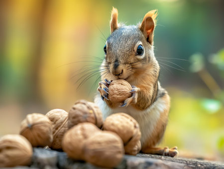 A squirrel holding and nibbling a nut with a pile of walnuts in the foreground set against a softly blurred natural background.の素材