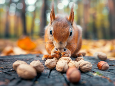 A red squirrel closely examines a nut amidst a collection on a textured surface, with a vibrant autumn forest backdrop.の素材