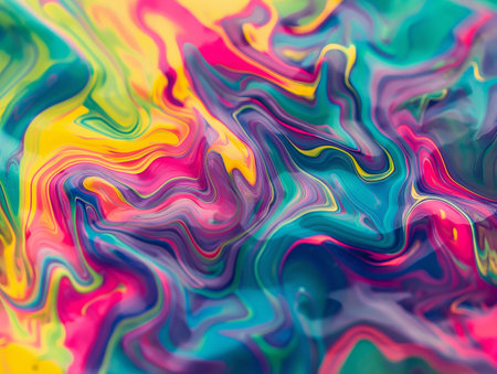 A dynamic swirl of bright, fluid colors creating an abstract, psychedelic background.の素材