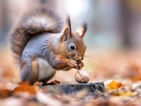 A close-up view of an adorable squirrel holding and nibbling on a nut amid a colorful autumn setting.の素材
