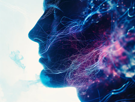 Profile of a person with a digital neural network overlay symbolizing connectivity.の素材
