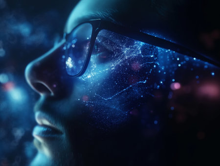 Close-up of a person with glasses, reflecting a digital network concept overlay, symbolizing futuristic technology and ideas.の素材