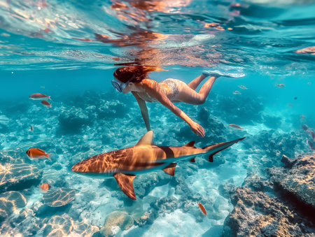 A woman snorkeling with a shark in crystal clear blue water, surrounded by fish and sunbeams.の素材