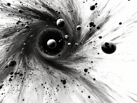 Monochrome abstract depicting spheres being pulled into a swirling vortex, resembling a cosmic event.の素材