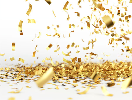 A vibrant shower of golden confetti floats in the air, adding a festive sparkle to celebrations.の素材