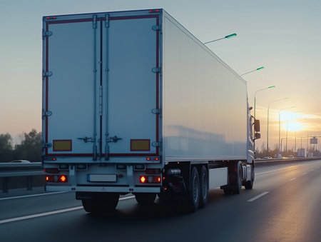 Cargo truck on the highway under a sunset sky, symbolizing long-distance logistics and transport.の素材