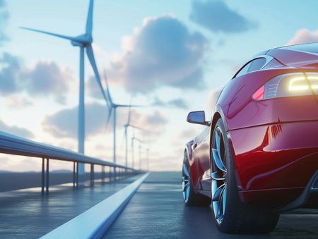 A sleek electric car cruises on a coastal bridge with wind turbines in the backdrop, symbolizing sustainable travel.の素材