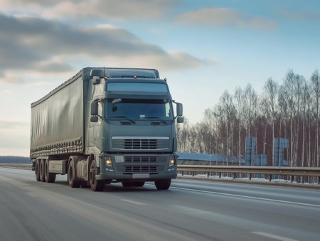 A semi-truck travels a wintery road amidst a sparse landscape, showcasing the relentless pursuit of logistics.の素材