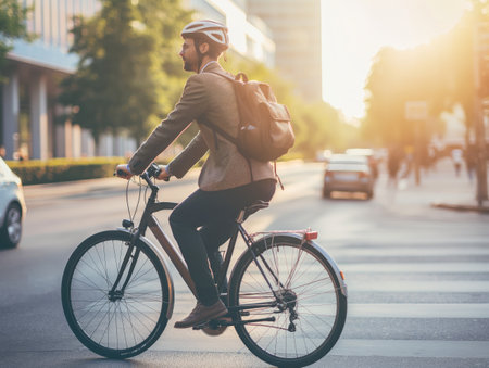 A stylish businessman rides his bike through city streets, showcasing a modern, eco-friendly approach to commuting.の素材