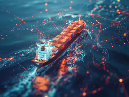 Illuminated container ship on a digital ocean, symbolizing cutting-edge maritime logistics and global trade connectivity.の素材