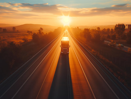 Majestic view of a truck speeding along the highway at sunset, casting golden hues across the landscape.の素材