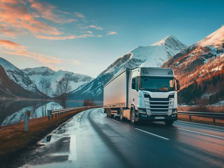 Majestic scene of a semi-truck navigating a highway with breathtaking snow-capped mountains in the background, symbolizing efficient transport amidst nature.の素材