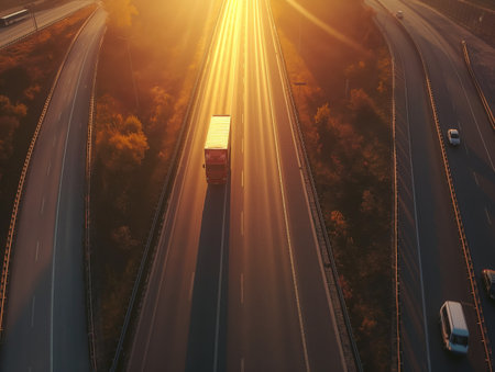 Captivating aerial view of a semi-truck cruising down a highway surrounded by a dense forest, illuminated by the warm golden rays of sunset.の素材