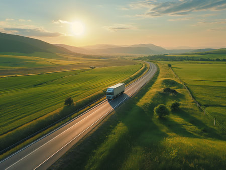 A semi-truck cruises along a curvy highway amidst lush green fields under the warm glow of sunrise, showcasing the beauty of logistics in motion.の素材