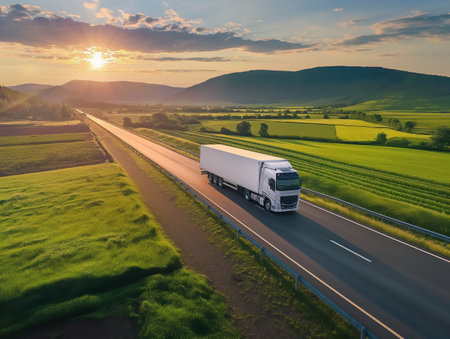 A semi-truck cruises along a curvy highway amidst lush green fields under the warm glow of sunrise, showcasing the beauty of logistics in motion.の素材