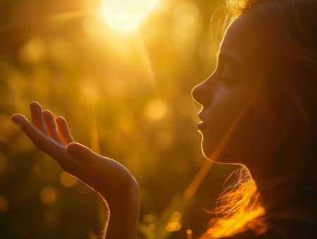 Silhouette of a persons profile with outstretched hand against a sunset, capturing a sunbeam.の素材