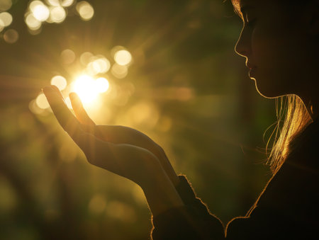 Silhouette of a persons profile with outstretched hand against a sunset, capturing a sunbeam.の素材