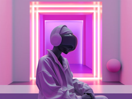 A person in a VR headset sits peacefully in a vibrant neon-lit futuristic setting, symbolizing modern relaxation and technology.の素材