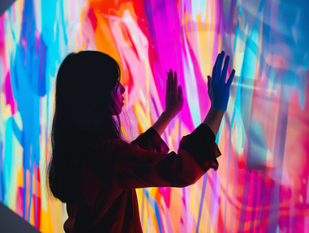 Silhouette of a woman engaging with a colorful and dynamic light display that forms abstract patterns on the wall.の素材