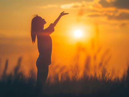 A woman in silhouette interacts with the setting sun in a peaceful meadow scene.の素材