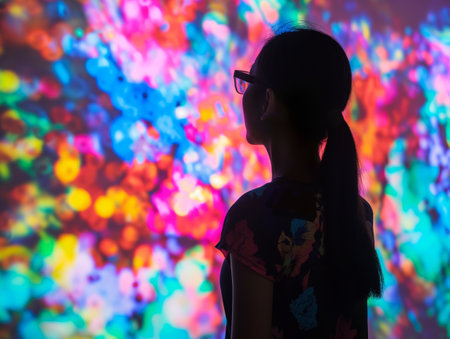 Silhouette of a woman engaging with a colorful and dynamic light display that forms abstract patterns on the wall.の素材