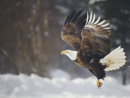 A bald eagle soars with wings spread, showcasing power and freedom against a soft-focus winter background.の素材