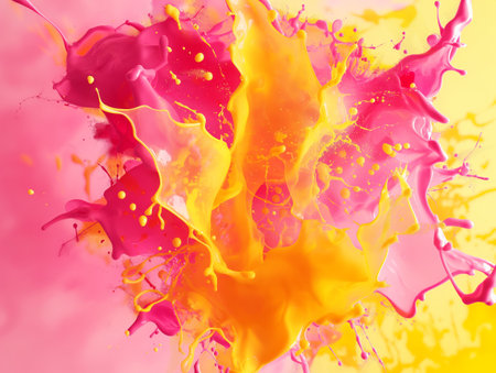 Vivid shades of pink and yellow paint splashing dynamically, invoking a sense of creativity and energetic movement.の素材