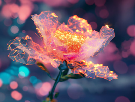 A digital artwork of a glowing neon flower with a bokeh background, symbolizing fantasy and technology blend.の素材