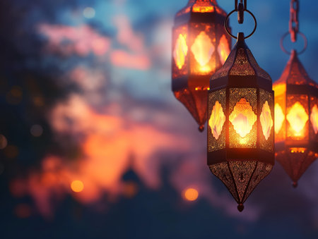 Three ornate lanterns hanging outdoors with a bokeh light background, creating a magical twilight ambiance.の素材