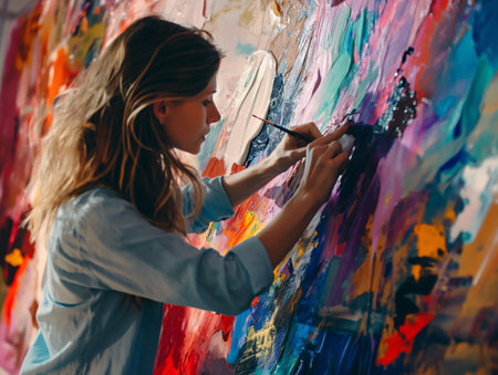 Close-up view of an artists hand painting on a vividly colored canvas, embodying creativity and artistry.の素材