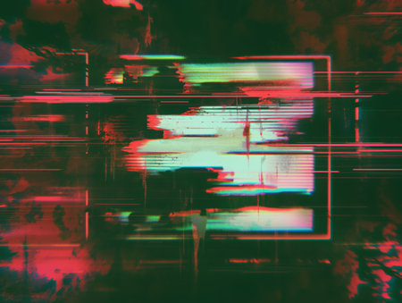 Abstract digital noise with glitch effect in red and green tones.の素材