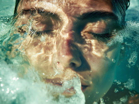 A serene face partially submerged in bubbly turquoise water, depicting calm and relaxation.の素材