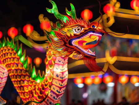 Colorful illuminated dragon lantern against a blurred backdrop of festival lights.の素材