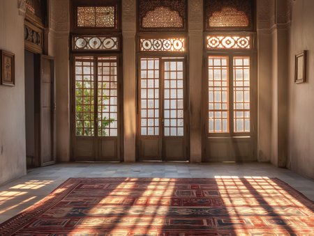Warm sunlight filters through a decorative window, casting intricate shadows on the floor of a serene traditional room.の素材