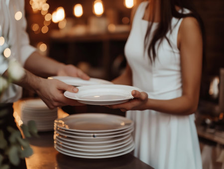 Close-up on hands of a man and woman in formal attire handling white plates, connoting teamwork and event organizationの素材