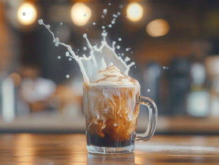 A captivating moment of milk splashing into a cup of coffee, creating a mesmerizing swirl effectの素材