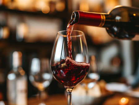 Red wine is being poured into a wine glass with bottles in soft focus background, creating a warm, inviting atmosphereの素材