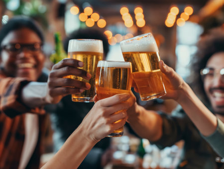 Close-up of a joyful group clinking glasses in a festive atmosphere, capturing a moment of celebration and friendshipの素材