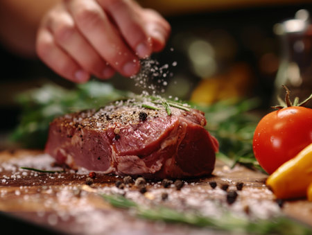 Close-up of a hand sprinkling salt onto a raw steak, with herbs and vegetables aroundの素材