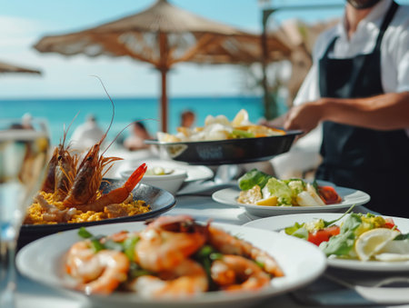 A waiter serves gourmet seafood dishes at a luxury beachside restaurant, capturing the essence of a lavish dining experienceの素材
