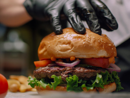 Close-up of a hand holding a juicy gourmet burger with fresh toppingsの素材