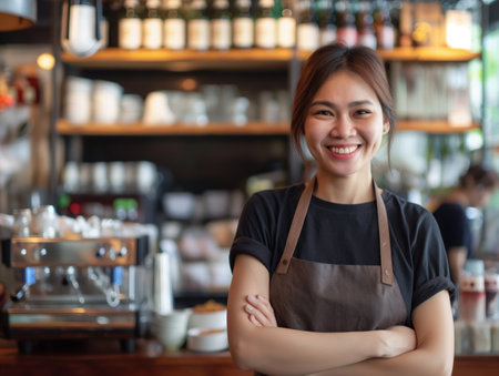 Photo pour A cheerful woman wearing an apron stands with crossed arms in a cozy coffee shop setting. - image libre de droit