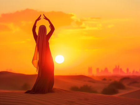 Silhouette of a woman with raised arms against a vibrant sunset sky in a desert landscape.の素材