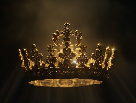 A regal golden crown, bathed in a warm, glow with rays of light accentuating its intricate details.の素材