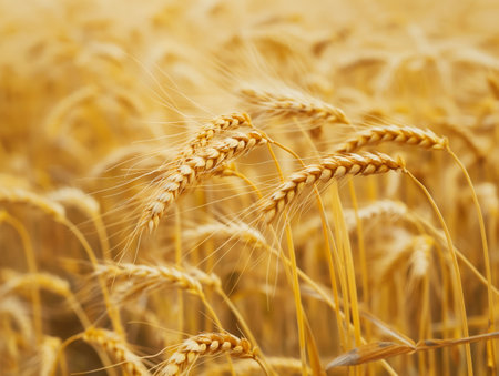 Vibrant close-up of ripe wheat ears against a blurred golden field, symbolizing agriculture and harvest time.の素材