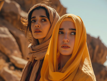 Two women with pensive expressions wearing headscarves stand against a desert backdrop.の素材