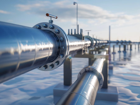 Close-up of a metal pipeline with valve against a blurred industrial backdrop and sunset sky.の素材