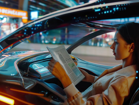 Woman reads in self-driving car with city lights.の素材