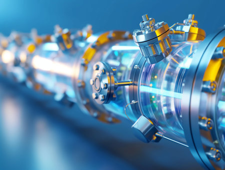 Close-up of a futuristic engine with intricate details and a blue-toned background.の素材