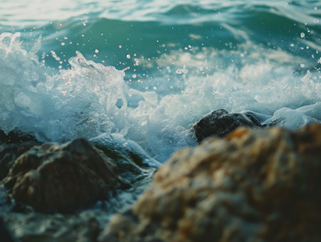 Close-up of frothy ocean waves colliding with jagged rocks, capturing the dynamic interplay of water and earth.の素材